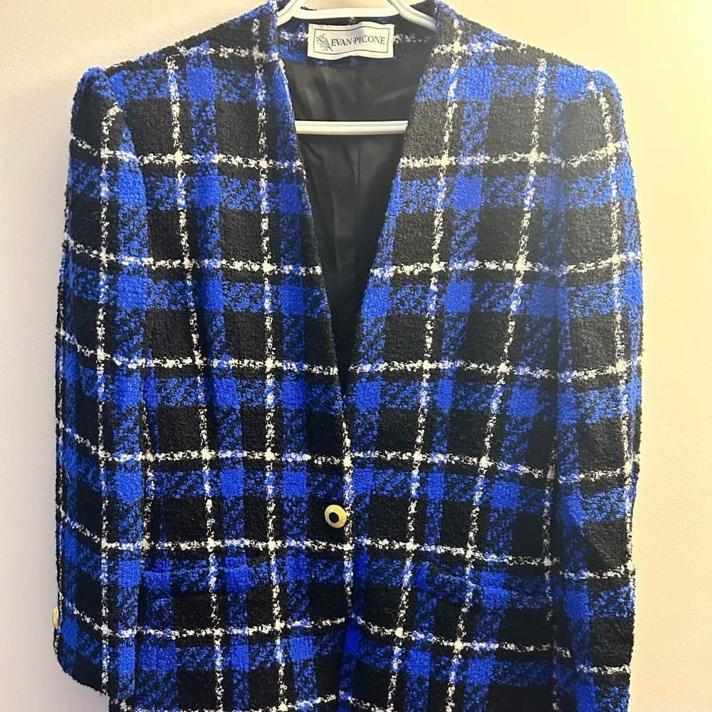 Evan Picone Blazer Jacket Women 8 medium Blue Black Plaid tween VNT  V Neck coat
